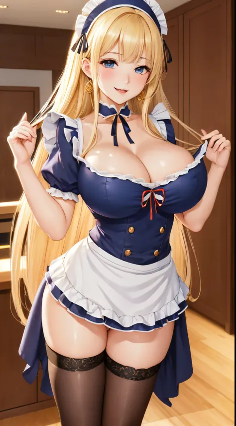 (Best Quality, masutepiece, Official art, hight resolution:1.2), the Extremely Detailed CG Unity 8K Wallpapers, photographrealistic, ultra-detailliert, (24-year-old Russian girl, Solo, maid), Long hair, (Blonde hair:1.2), (Bangs), Smile, prefect face, Pre-...