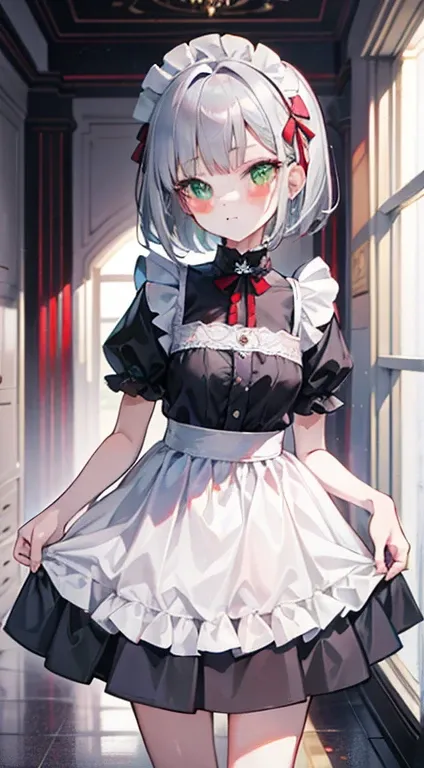 tmasterpiece, Best quality at best, illustratio, 1 five year old girl, Silver short bob hair, green-eyed, Red side maid skirt,