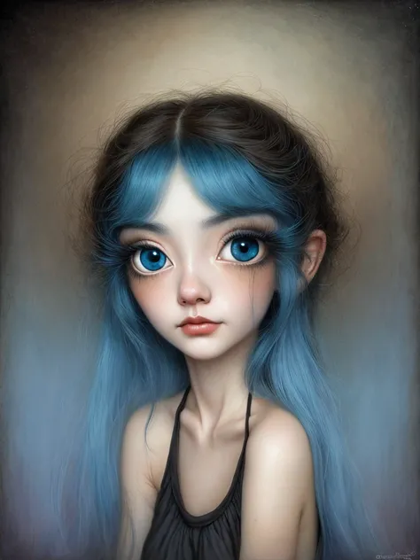 Un primer plano de una chica muy triste con el pelo largo (rubio) And the big blue eyes showing huge ((pechos)), Anton Semenov, Mark Ryden muy detallado, Estilo Mark Ryden, Mark Ryden en el estilo de, Estilo de Mark Ryden, inspirado por Mark Ryden, Naoto H...