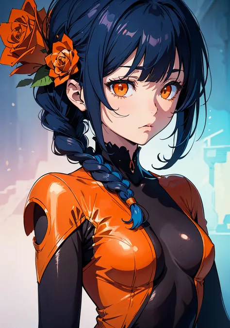 masterpiece, concept art, centered, close shot, portrait, surrealism, anime illustration, 1girl, (orange eyes:1.4), medium braid hair, small breast, beautiful bangs, body suit outfit, blue hair, sad, red rose in the background melancholy, contrast, (epic c...