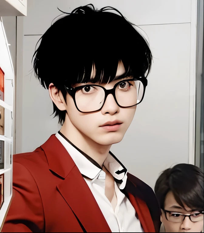 Adapt this character in real life, a teenage boy with realistic black hair, realistic handsome face, realistic cool expression,same realistic hairstyle, same realistic glasses, realistic red suit, realistic white shirt, realistic light, realistic shadows, ...