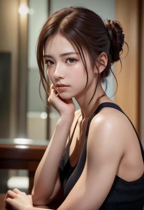 8K, of the highest quality, masutepiece:1.2), (Realistic, Photorealsitic:1.37), of the highest quality, masutepiece, Beautiful young woman, Pensive expression, Thoughtful look, Elegantly dressed, Hair tied back, Messy mood, Cinematic background, Tired, Lig...