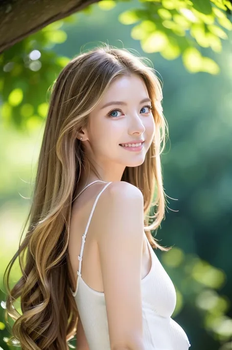 American white woman with unparalleled looks、dark blonde、Semi-long hair、Hair is wavy、blue eyess 、A slender、Out of focus background of open meadow in the forest、The sun filtering through the trees is beautiful、a smile、Look up diagonally、Slender but well-pro...