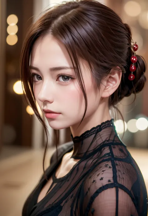 8K, of the highest quality, masutepiece:1.2), (Realistic, Photorealsitic:1.37), of the highest quality, masutepiece, Beautiful young woman, Pensive expression, Thoughtful look, Elegantly dressed, Hair tied back, Messy mood, Cinematic background, Tired, Lig...