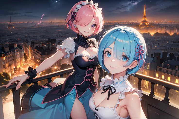 masterpiece, (2girls), couple, ((ram (re:zero), (pink hair), (hair tie)), (remrin:1), ramchi, (rem_re_zero, (light blue hair), (hair tie)), (short hair:1.5), (hair over one eye:1.3):1.4), (wearing sexy evening dress:1.5), boobs, (smiling face expression:1....