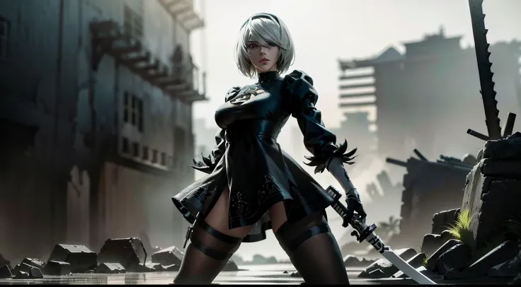 Detalhes realistas, Holding a Japanese sword in hand...., Black Short Skirt, the anime, (Based on nier automata) the perfect body, The Perfect Girl, perfect details, Ultra HD |, 8K, Professional photo, Anime Style 2B, Extremely detailed (Very beautiful blu...