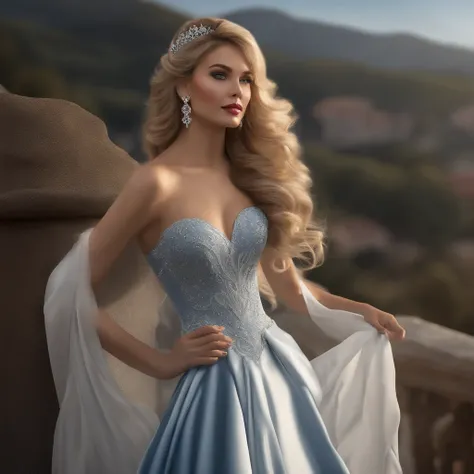 (best quality,4k,8k,highres,masterpiece:1.2),ultra-detailed,(realistic,photorealistic,photo-realistic:1.37),portrait,stunning,wavy blonde hair,hair flowing in the wind,hair with natural highlights,blue satin gown,gown with intricate lace details,elegant an...