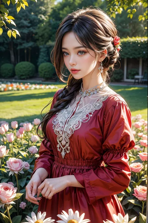 the number, （（Doubleexposure））Wearing a bright red dress，Bring out her fair complexion, Standing gracefully in front of a flowery garden, bathed in the warm glow of the sun. The garden was full of colorful flowers, Including roses, tulips, and daisies, Cre...