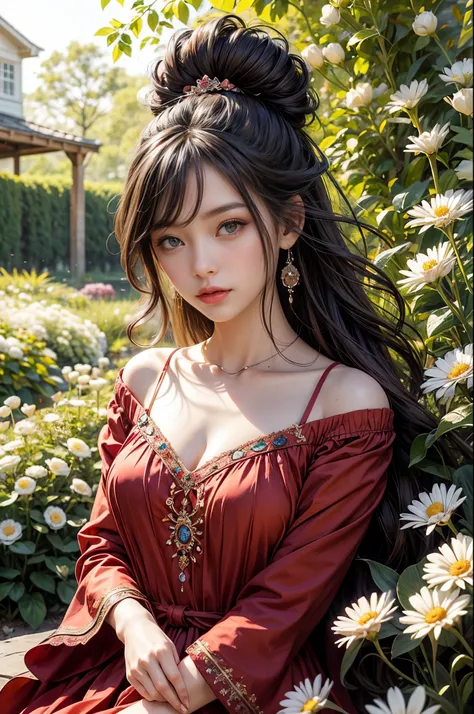 the number, （（Doubleexposure））Wearing a bright red dress，Bring out her fair complexion, Standing gracefully in front of a flowery garden, bathed in the warm glow of the sun. The garden was full of colorful flowers, Including roses, tulips, and daisies, Cre...