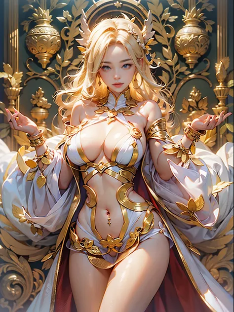 (((The Advent of the Goddess)))、masutepiece、Best Quality、3d rendered、(Chest wide open)、Blur the background、Luxurious gold decoration、1 beautiful blonde woman、large udder、(Breast exposure:1.4)、