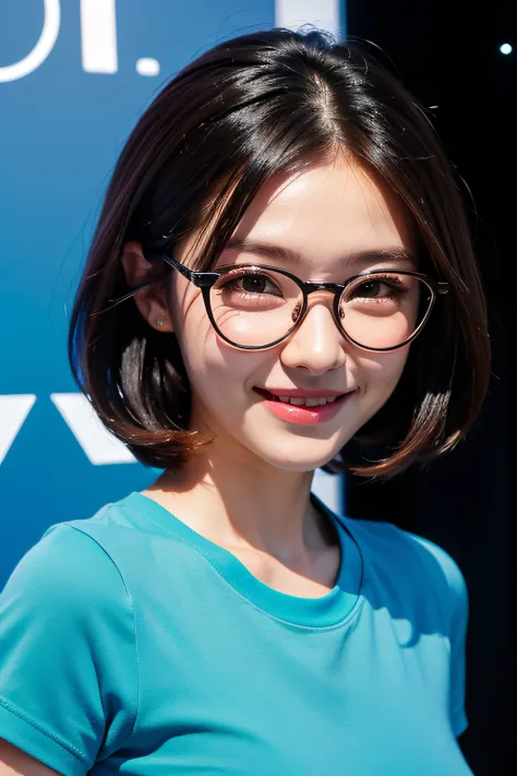 1girl in, Rounded glasses, Big glasses, Smiling, Looking at the camera, Short messy hair, Dark-skinned, rounded eyes, Cyan blue shirt, Black shorts, close up, Magazine shots, Dynamic Pose, Outer space background、