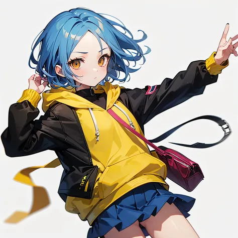 Anime, ((best quality)),18 years old girl, solo, brown eyes, blue hairs, wavy parted hair, (show forehead), short hair, Yellow hoodie, black jacket, Pink mini skirt, Boston bag carried diagonally, simple background