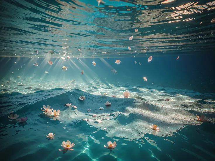 Underwater view of an ocean with many flower petals floating randomly to create a pleasant and fragrant environment in realistic daylight with a high level of detail