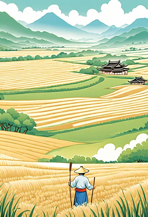 guochao style，water pattern and cloud pattern auspicious pattern in foreground，close shot of an old farmer wearing a straw hat，p...