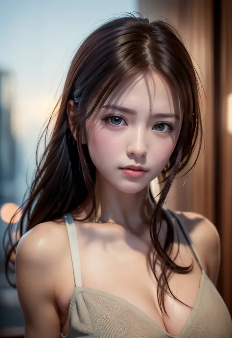 8K, of the highest quality, masutepiece:1.2), (Realistic, Photorealsitic:1.37), of the highest quality, masutepiece, Beautiful young woman, Pensive expression, Thoughtful look, Elegantly dressed, Hair tied back, Messy mood, Cinematic background, Tired, Lig...