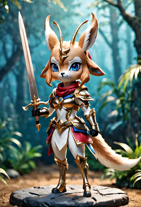 full body Esbian、cool female gazelle、Pop female gazelle、cute female gazelle、Deformed animals、Tiere、diorama、symple background、bandana、holds a sword、armor、​masterpiece, Best Quality, Capture super cute moments, depth of fields, ultra-detailliert, Ultra High ...