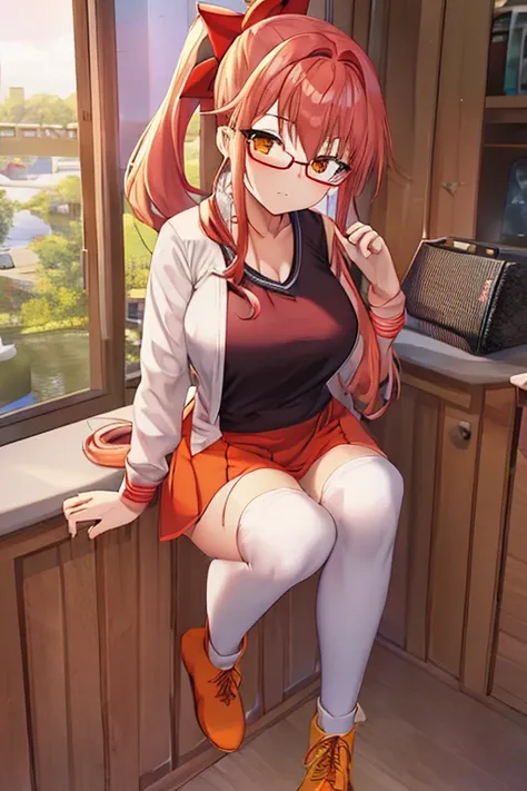 A girl with long pink hair, a side ponytail, orange eyes, big breasts, wearing casual clothes, including a white shirt, a red skirt, a hair bow, glasses, an orange scarf, wearing thighhighs and boots. Looking at cellphone (best quality, full body)