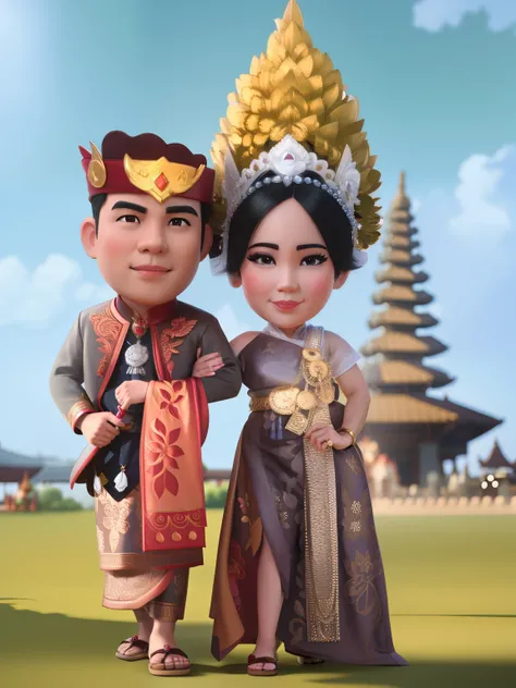 cartoon of a couple of asian people standing next to each other, wedding, barong family, traditional art, bali, barong family member, couple, traditional, official illustration, caricature illustration, inspired by Rudy Siswanto, medium poly, official fana...