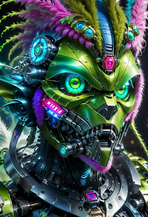 (Best quality at best, 8K,A high resolution,tmasterpiece:1.2),ultra - detailed), A futuristic，(The Grinch: 1.2), full body shot of, Colorful neon lights, High-tech mechanical parts,Metal hats are cool,Metal legs,Bionic eye, Detailed green fur design, suspe...