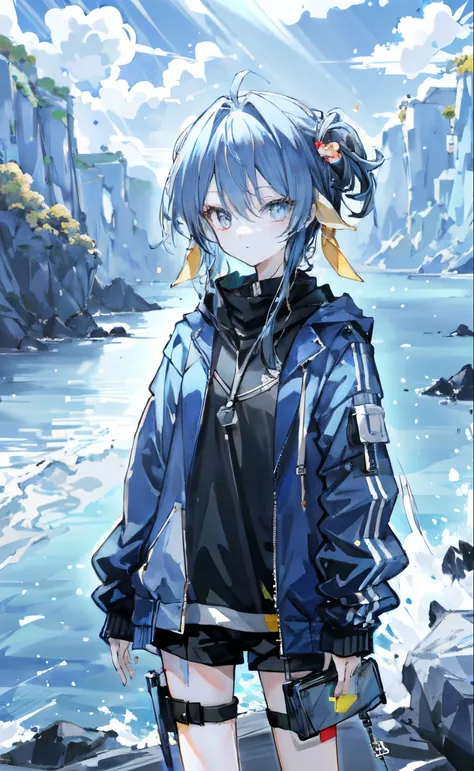 High resolution, masutepiece, 8k beautiful scenery, Small body　blue and yellow hair　Arms crossed　red irises　note holder　Tsundere　strong con　Wearing a jacket　Brown skin　Black Fashion　Small sunglasses on his head, thigh-high shirt, menrera