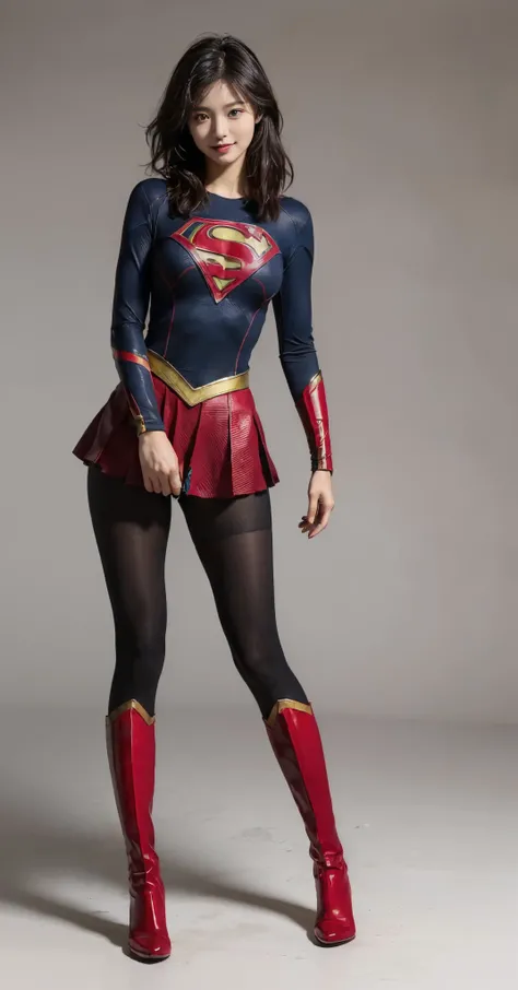 Asian Beautiful Girl、(((Wear black tights on your beautiful legs.)))、(((beauty legs)))、(((facial expression of smile)))、((((Make the most of the original image)))、(((Supergirl Costume)))、(((a short bob、beautiful hairl)))、(((Suffering)))、(((Feet must necess...