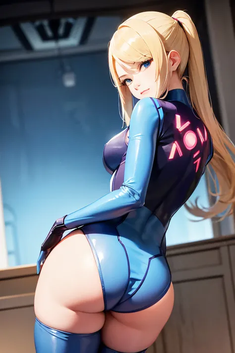 Meisterwerk, (realistisch), high-res, hochdetailliert, kompliziert, Beautiful women, rote Haare, blaue Augen, Sommersprossen, detailliertes Gesicht, samus, from behind, looking at viewer, showing ass, smile, zero suit, Om bed, sexy pose