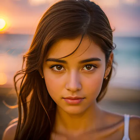 foto realista, melhor qualidade possivel.
random ethnicity close-up on face of beautiful young woman watching the sunset on a paradisiacal beach