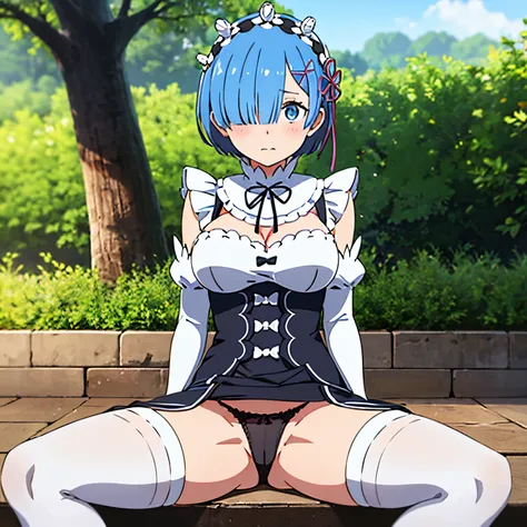 rem (re:zero), alone, 1 girl, only blue hair, short hair, hair over one eye, headband, blue eyes, big breasts, wide thighs, medium hips, white stockings, maid, outdoors, sitting, showing panties, black panties, embarrassed,