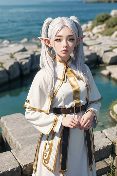 (maximum quality image, masterpiece), detailed landscape,(((white hair))), detailed beautiful green eyes,  tranquil lake (reflec...