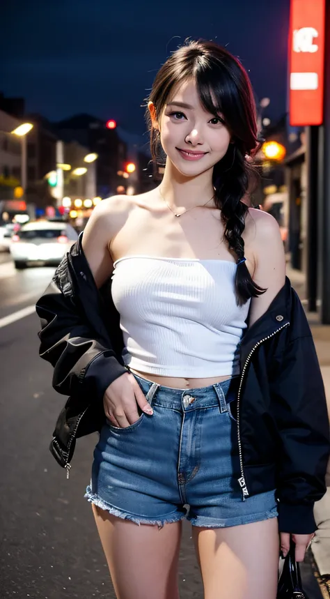 1girl in, Black_Hot Pants, Blue_hair, building, city, Cityscape, hair_Bland_Eyes, Jacket, up looking_で_viewer, Medium_hair, Multicolored_hair, multiple_Boys, Night, Off_Shoulder, Outdoors, Black Hot Pants, mountain road, Shirt, Hot Pants, Skyscraper, Smile...