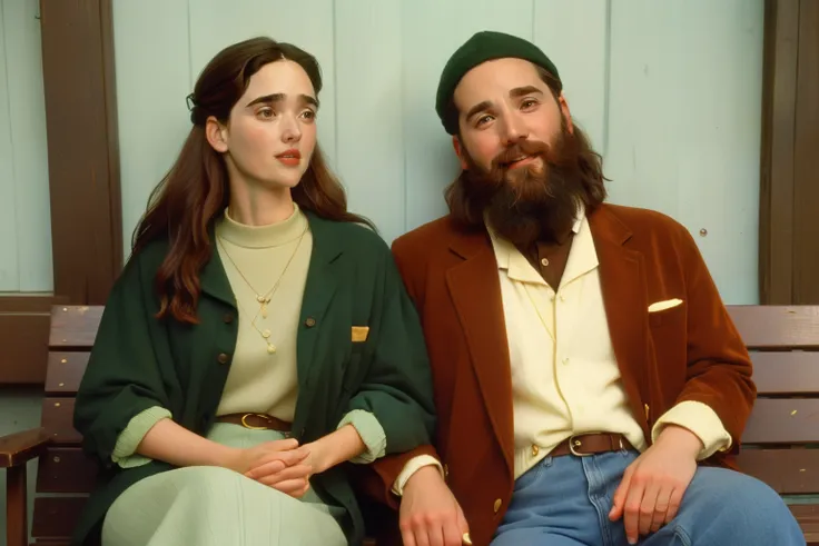 1996, Berkshire County, Massachusetts. Pre-raphaelite ((((44-year-old)) Jennifer Connelly)), with a bearded jewish man, front porch bench, smile, ((happiness expression)), autumn, ((((casual Clothing from the 1990s)))), ((short Hairstyle of the 1990s)), ((...