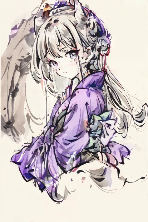 masuter piece、ultra-detailliert、hight resolution、８Ｋ、one girls、Light purple kimono、White background、A deformed dragon behind