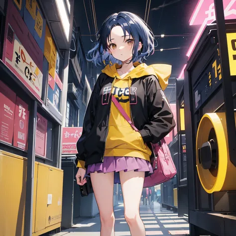 Anime, ((best quality)),18 years old girl, solo, brown eyes, blue hairs, wavy parted hair, (show forehead), short hair, black jacket, Pink mini skirt, Yellow hoodie, Boston bag carried diagonally, background: white