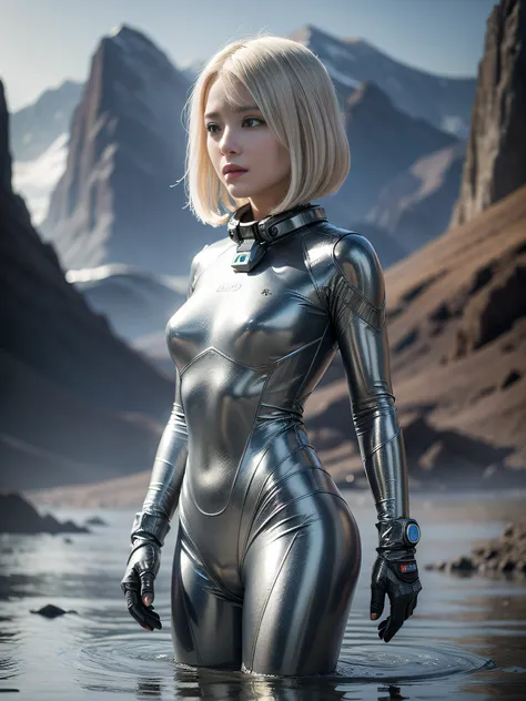 A beautiful girl, wearing a silver spacesuit, standing on an endless surface of water, floating mist, holding a large ion gun in both hands, mountains in the background, no frontal fill light, dark light, rich in detail Inspired by the movie Alien prequel ...