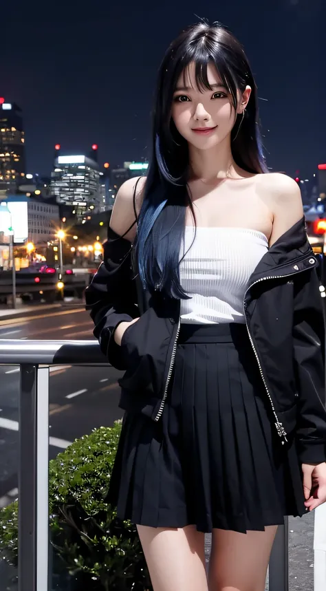 1girl in, Black_Skirt, Blue_hair, building, city, Cityscape, hair_Bland_Eyes, Jacket, up looking_で_viewer, Medium_hair, Multicolored_hair, multiple_Boys, Night, Off_Shoulder, Outdoors, pleats_Skirt, mountain road, Shirt, Skirt, Skyscraper, Smile, Solo_Focu...