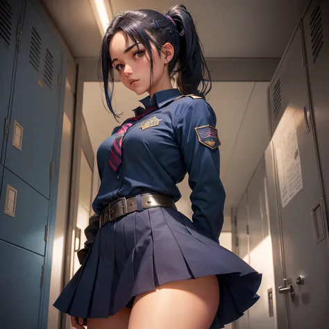 1girl in, Solo, Laura S. Alceid (long dark blue hair, Ponytail and side van, small tit), (Inspired by Cold Steel&#39;locker room) ,(Accurate Hand Modeling,),natta,You can see the starry sky,In a school dress showing off her panties, Wearing the uniform of ...