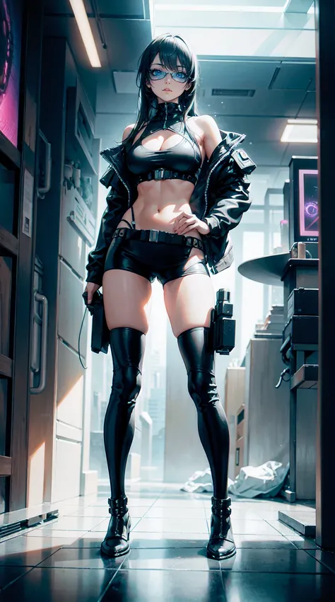 A stunning futuristic photograph Showing The Full Body of a beautiful Caucasian military lady with dark, flowing hair, dressed in a futuristic fashion bikini top and tight booty shorts, donning stylish sunglasses and fashion couture military boots. She con...