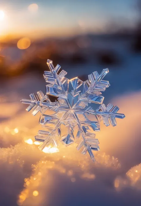 Snowflake shape, Ice and snow transparent appearance, place in snow, The sunset sunshine shines on the earth, Did, Canon camera, Live photos, actual, Clear focus, Natural soft light, HD8K