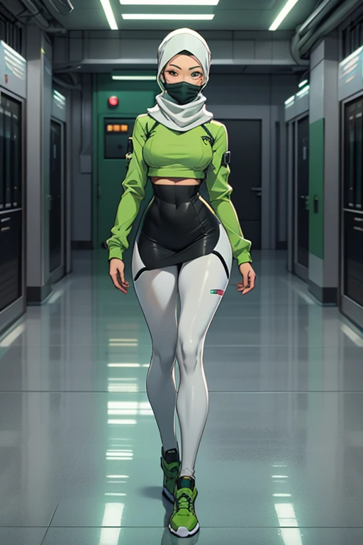 Fullbody of a beautiful, young woman wearing leggings, a grey and green long-sleeved skirted knee-length top, attached to a futuristic synthetic skintight grey and green headscarf with a facemask, in a sterile futuristic environment, with a pristinely whit...