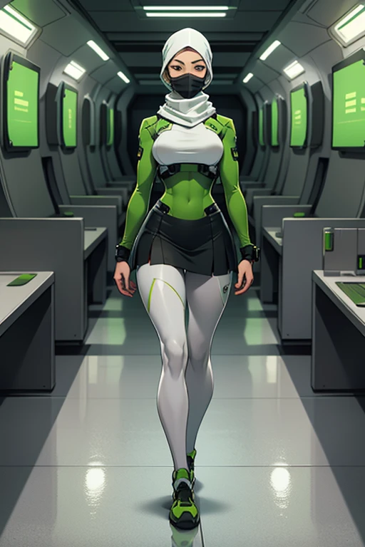 Fullbody of a beautiful, young woman wearing leggings, a grey and green long-sleeved skirted knee-length top, attached to a futuristic synthetic skintight grey and green headscarf with a facemask, in a sterile futuristic environment, with a pristinely whit...