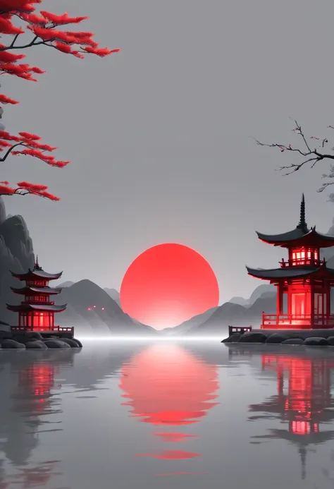 moonlit night water, light gray and red style, minimalistbackground, Zen Buddhist influence, Animated GIFs, minimalist figuration, ch, fisheyelens