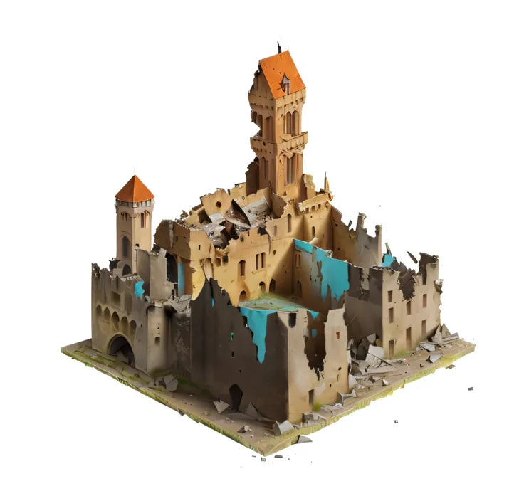 There is a small model of a castle with towers, Destroyed buildings, ruined cityscapes, destroyed monastery, Destroyed buildings, damaged buildings, destroyed church, Destroyed buildings, Destroyed castle, city ruins, ruined town, destroyed city, damaged s...