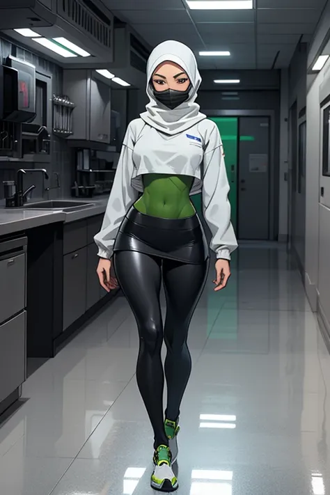 Fullbody of a beautiful, young woman wearing leggings, a baggy wide grey and green long-sleeved skirted knee-length top, attached to a futuristic synthetic skintight grey  hijab with a facemask, in a sterile futuristic environment, with a pristinely white ...