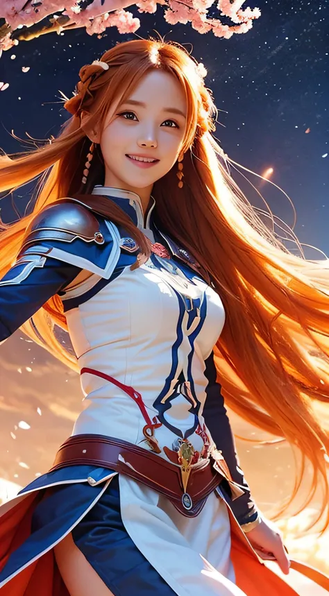 Asuna, ((masutepiece)), hight resolution, Asuna (stele), Crown braid, light orange hair, armor, cherryblossom, Dutch Angle、Space background with dancing cherry blossoms、With smiling eyes