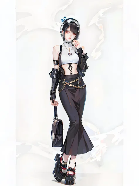 There is a woman in a skirt and a top posing for a photo, full body xianxia, Charming Tifa Lockheart, Aeon Flux style combination, ff Tifa, eternal flux style, Cypherpunk fashion illustration, 2b, 2b, The style is a mixture of Aeon Flux, clothing design, m...