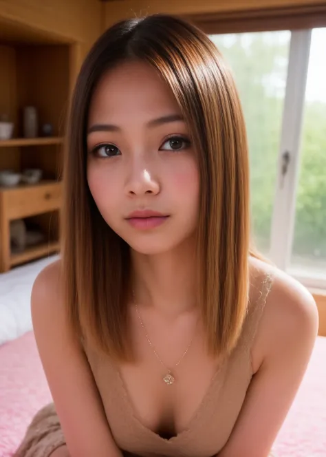 (独奏),1girl in、  (kawaii:1.3), (sepia colored hair, Front hair:1.2),
looking at the viewers、bangss、jewely、V-neck dresses、makeup、eye lashes、a necklace、hair wavy、Indoors、window、girls own room、Cute interior、NaturalHand2-3500, Ultra-high-quality photos, RAW Pho...