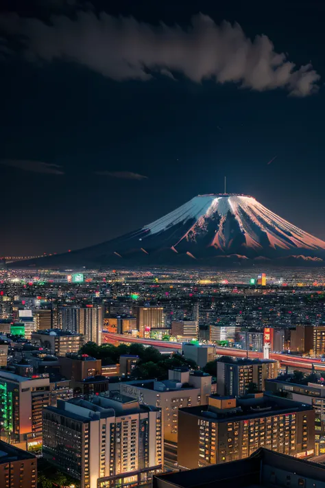 Backdrop has a Japanese imprint Mount Fuji and Tokyo city. 3d rendering digital city  virtual model , neon color style