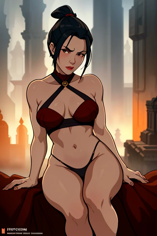 (dark theme:0.6), (dark shot:1.1), epic realistic, (dark shot:1.4), 80mm, (anime), (illustration), cartoon, detailed, azula, 1girl, solo, short hair, black hair, hair ornament, ponytail,  brown eyes,  lipstick,  red lips, surprised look, high waist thong, ...