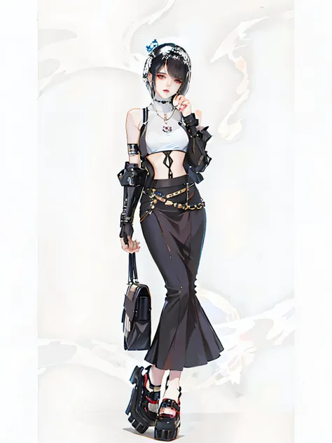 There is a woman in a skirt and a top posing for a photo, full body xianxia, Charming Tifa Lockheart, Aeon Flux style combination, ff Tifa, eternal flux style, Cypherpunk fashion illustration, 2b, 2b, The style is a mixture of Aeon Flux, clothing design, m...