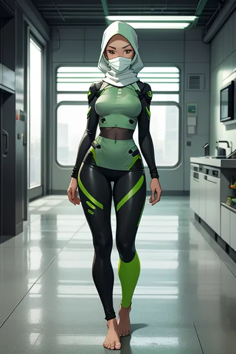 Fullbody of a beautiful, young barefoot  woman wearing leggings, a grey and green long-sleeved skirted knee-length top, attached to a futuristic synthetic skintight grey and green headscarf with a facemask, in a sterile futuristic environment, with a prist...